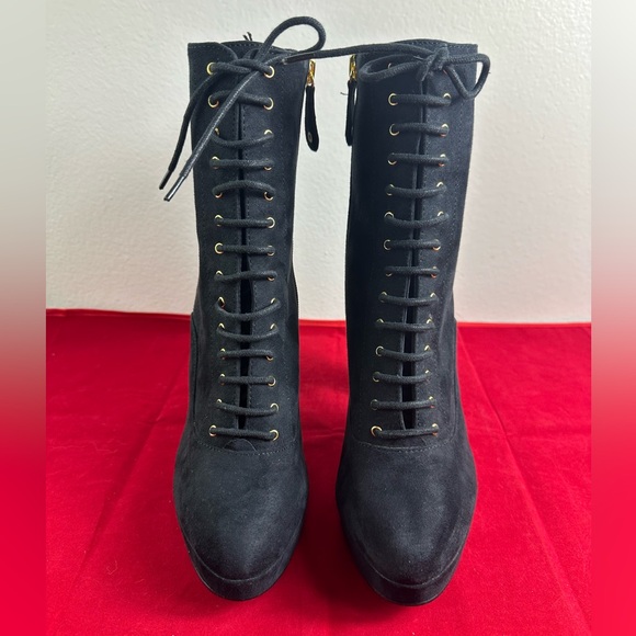 H&M Black Synthetic Suede Heeled Lace Up Platform Ankle Boots, Sz 7 - Picture 2 of 11